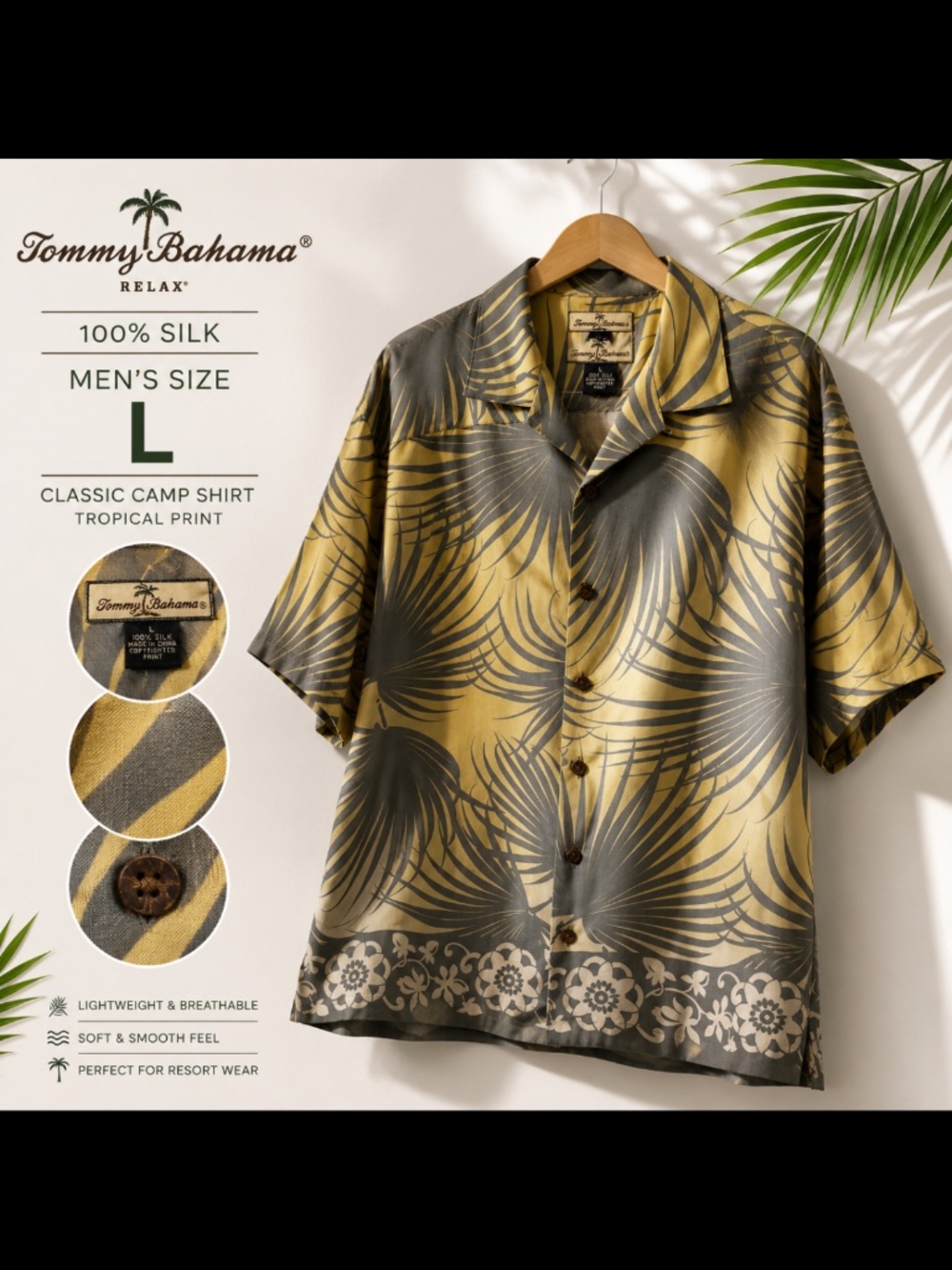 Tommy Bahama 100% Silk Hawaiian Camp Shirt Men’s Large Yellow Gray Tropical